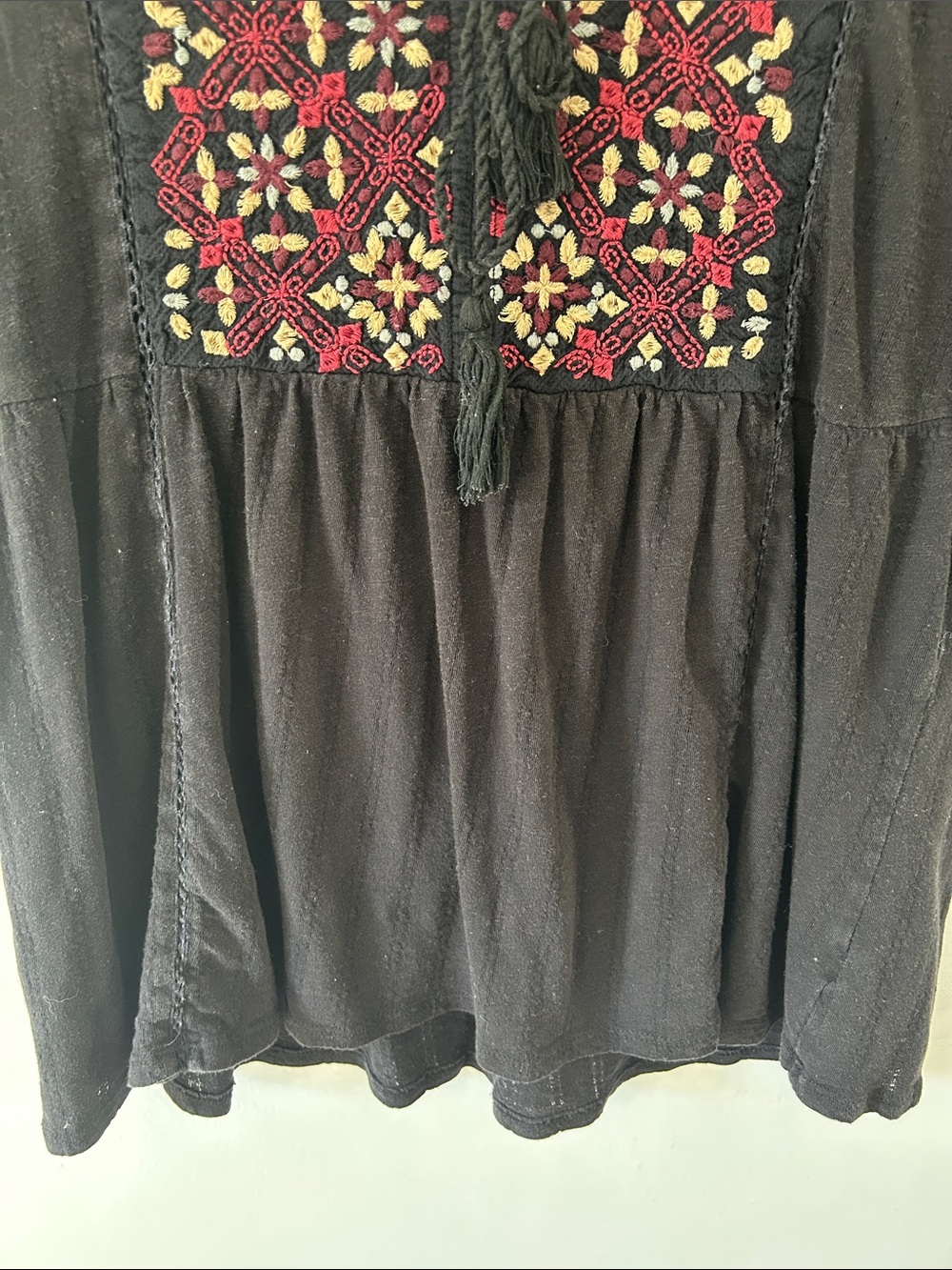 Bohemian Embroidered Flutter Sleeve Tassel Tie Front Top Flowy Feminine Hemline - Picture 4 of 11